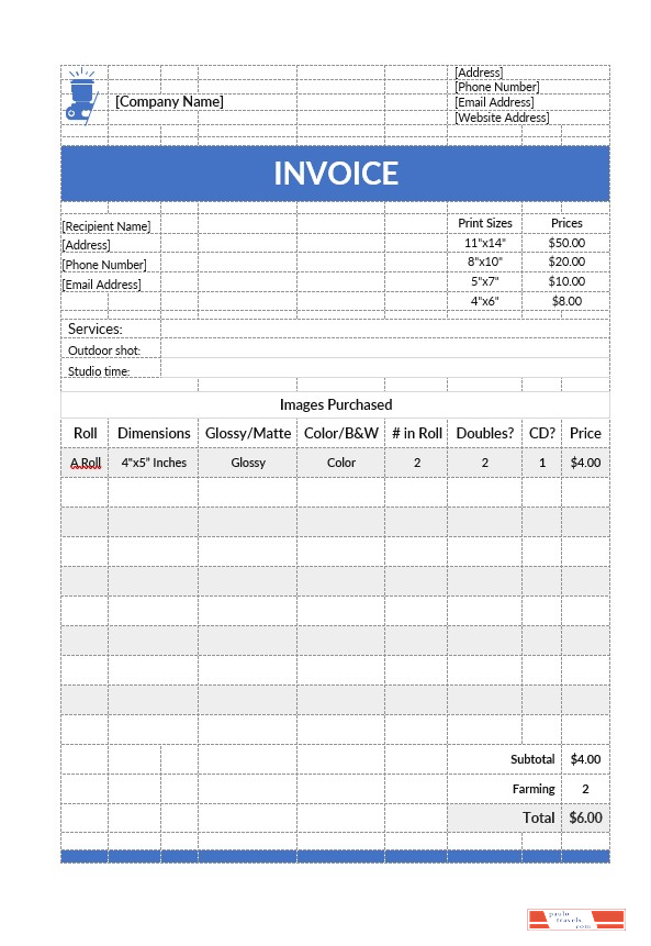 Simple Photography Invoice Template PSD template